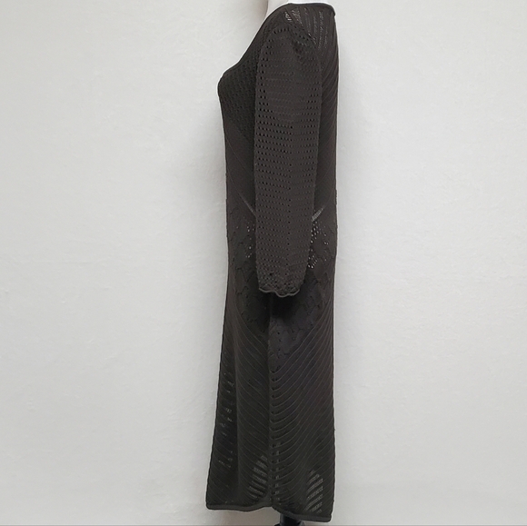 W by Worth Olive Green Open Crochet Knit Plunging Neckline Asymmetric Midi Dress - Picture 8 of 14